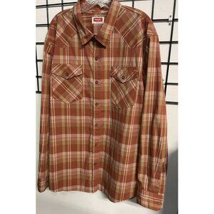 Wrangler Button Up Shirt Men's Size 2X Orange Plaid Shirt Cotton Polyester Blend